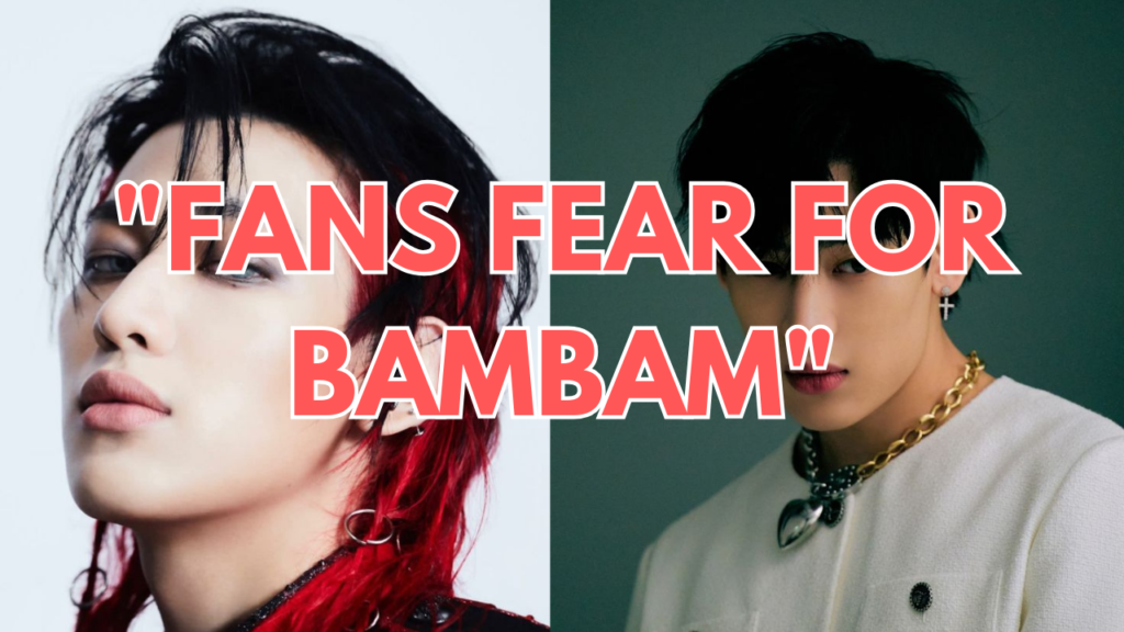 A picture of Bambam wearing a white shirt and another picture of him on a black and red hair