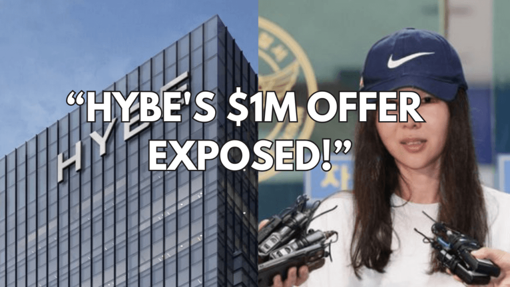 A picture of Min Hee Jin putting on a blue face cap with a white shirt and a building of HYBE on the other side.