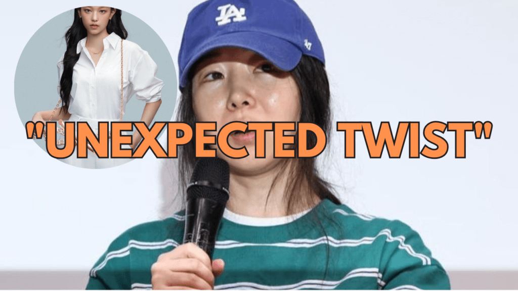 A picture of Min Hee Jin wearing a green shirt with a touch of white strips and a blue cap and another picture of NewJeans' Haerin in a circle putting on white trouser and a white shirt