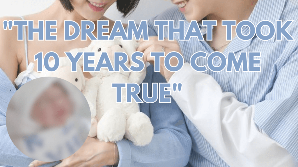 A picture of Super Junior's Sungmin and his wife Kim Sa Eun putting on a sky blue shirt with a mixture of white, with a doll on their hand and a blurred picture in a circle