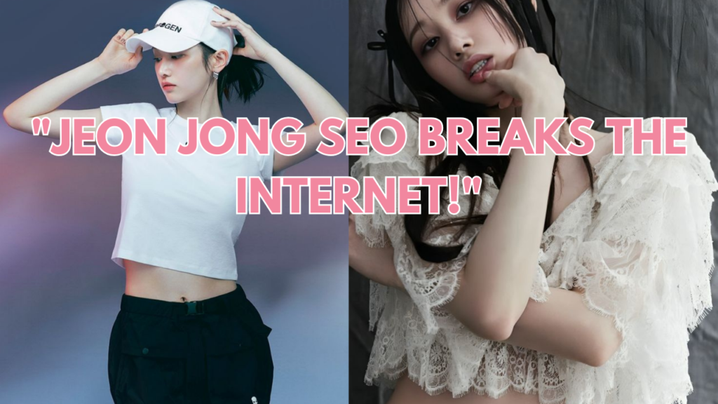 A picture of Jeon Jong Seo wearing a white top and a white cap with a black trouser and another picture of her on the other side with her hand on her chin