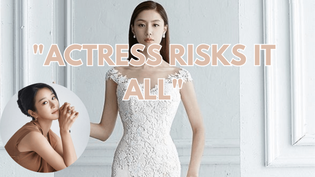 A picture of Seo Ji Hye putting on a white gown and another picture of her in a circle putting on a brown shirt.