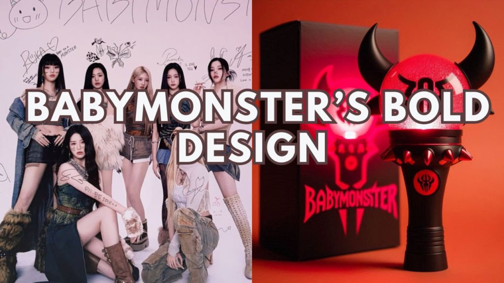 A picture of BABYMONSTER members and at the other side is a picture of the babymonster lightstick