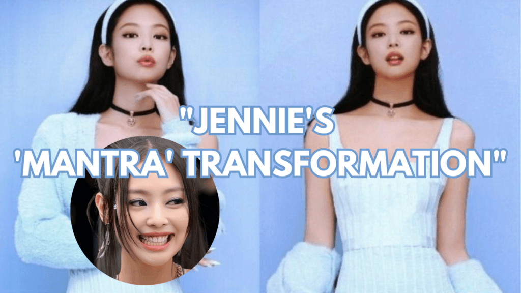 BLACKPINK's Jennie on a sky blue gown and a sky blue jack and another picture of her in a circle smiling.