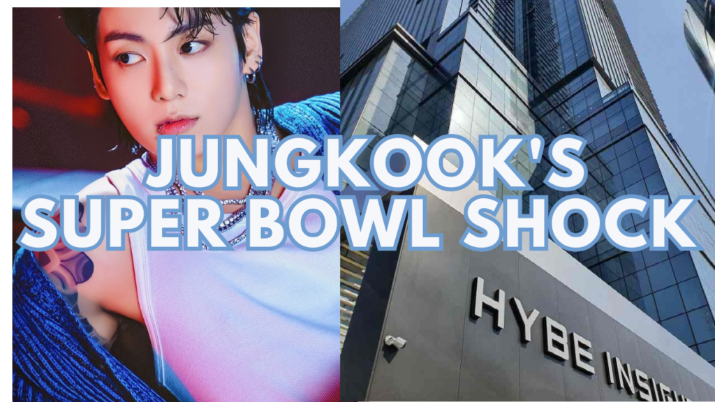 A picture of BST's Jungkook wearing a blue jacket and a white singlet and on the other side is a picture of HYBE Building.