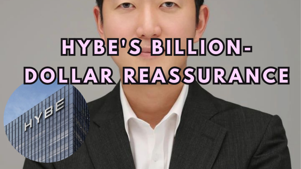 This contains an image of Lee Jae Sang on a black suit and another picture of hybe building