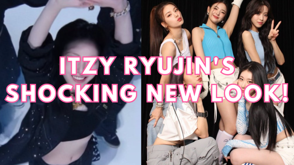 A picture of ITZY Ryujin wearing black and a picture of the ITZY crew members at the other side