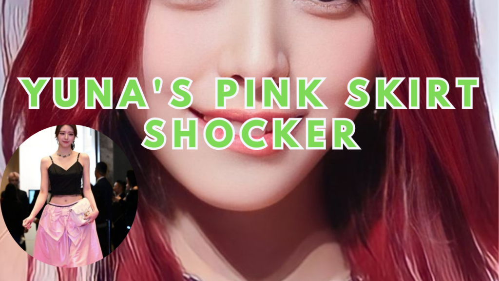 This contains an image of ITZY Yuna on a pink dress and a ox blood hair and another picture of her in a circle on a black cropped tank top and a pink skirt wearing a black boots and looking beautiful