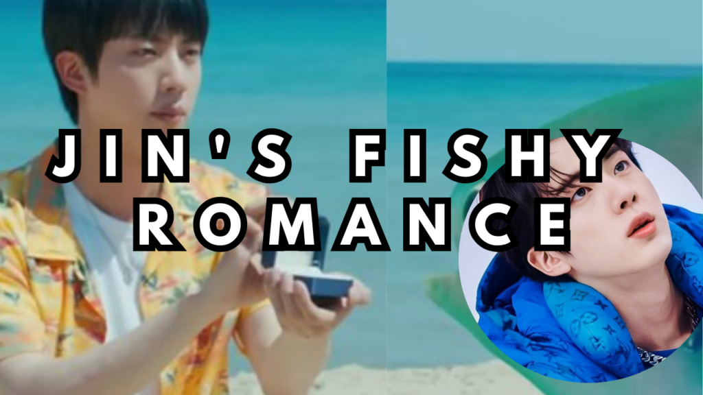 A picture of BST'S JIN and his fish at the beach and another of his picture wearing a blue winter jacket