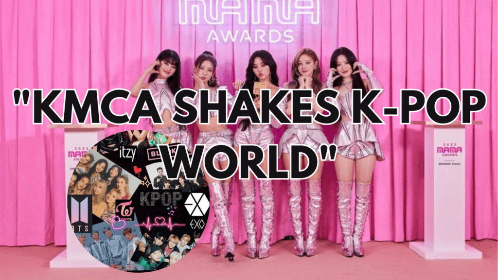 A group of ladies wearing pink top, short, and pink boots at the MAMA AWARD show and another picture that contains k-pop world in a circle.