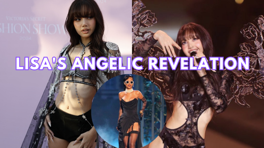 This contains an image of BLACKPINK Lisa on a bra and panties set, crowned with wings, in a famous Victoria's Secret Angels show.