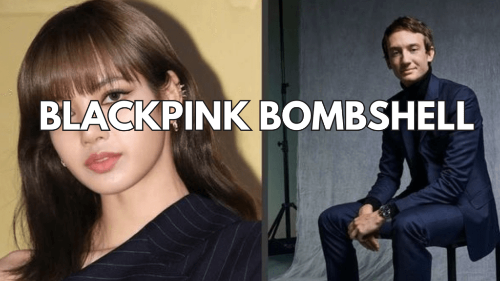 BLACKPINK Lisa on a black dress and another picture Frédéric Arnault, on a suit siting