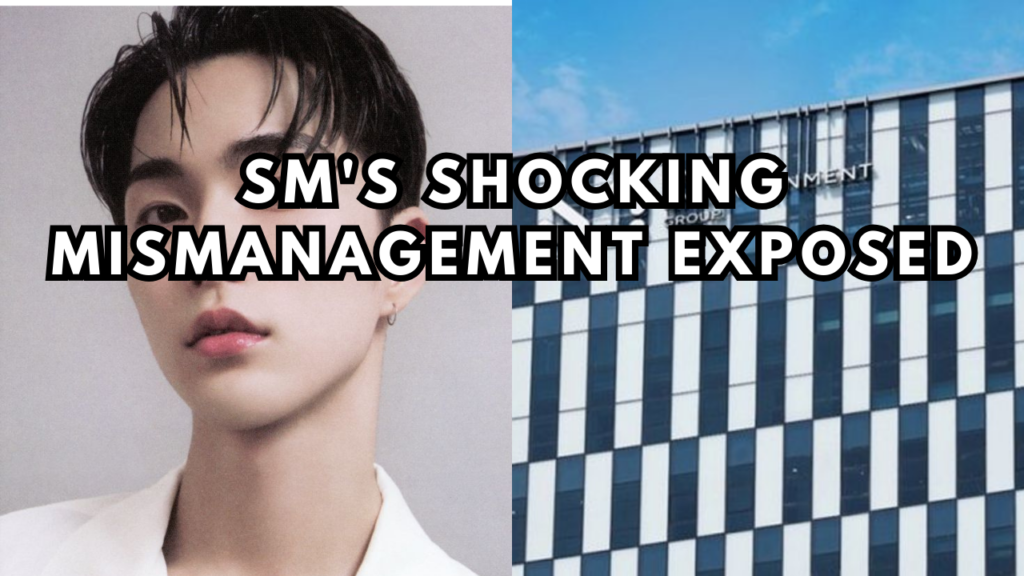 A picture of former RIIZE member Seunghan on white cloth and another picture of SM Entertainment logo