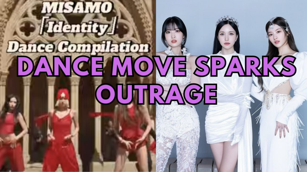 This contain an image of TWICE MiSaMo Identity dance controversy and another picture of Sana, Momo and Mina in a circle.