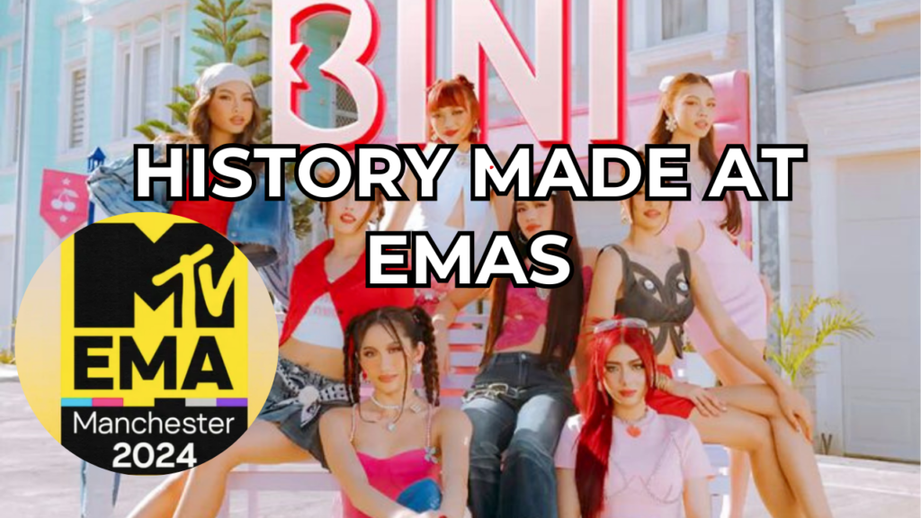 This contains an image of BINI group members and another picture of MTV EMAs logo in a circle