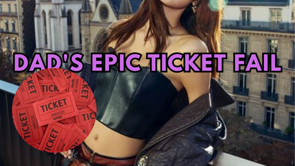 This is a cropped photo of BLACKPINK Lisa wearing a back leather top and jacket, and a picture of tickets in a circle