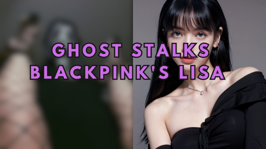 This contain an image of a gosht stalking someone and another picture of BLACKPINK LISA on a black dress .