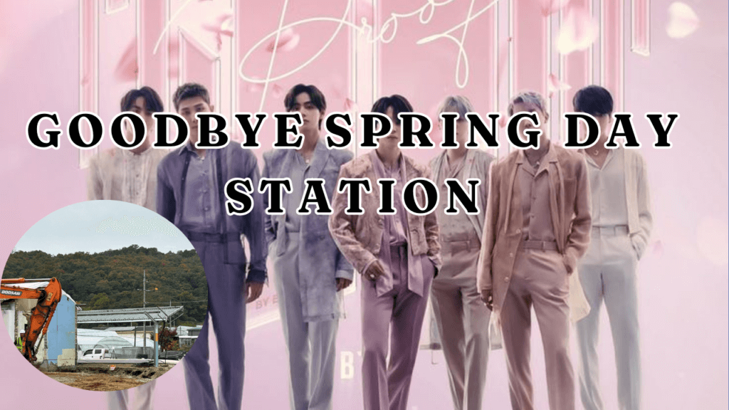 This contains an image of BTS group members and another picture of spring day station in a circle