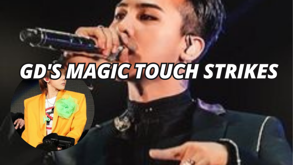 This is a picture of G-dragon on the background holding a mic and wearing a black suit and another picture of him in a circle wearing yellow