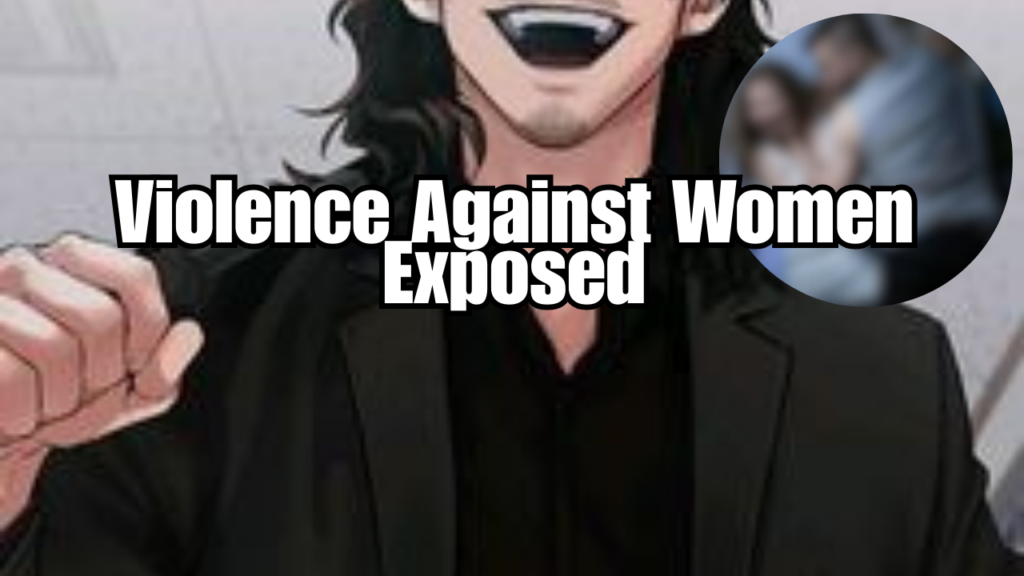 There is a cropped photo of a webtoon wearing black and a blurred photo of a man hitting a woman