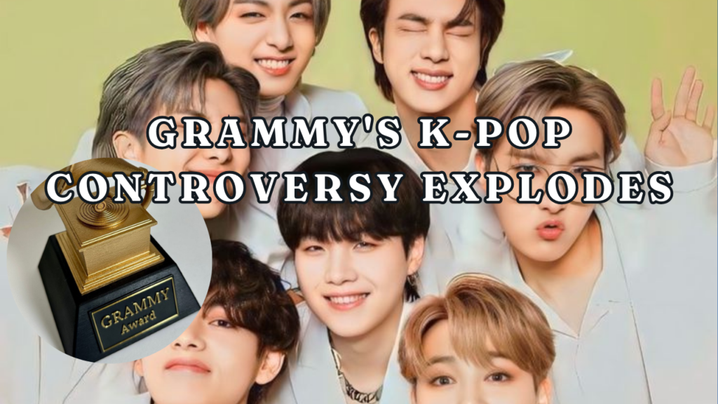 This contains an image of BTS group members and another image of Grammy Awards in a circle