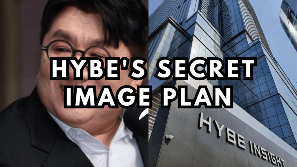 A picture of Bang Si Hyuk on a black suit and a white shirt and on the other side is a picture of HYBE Building