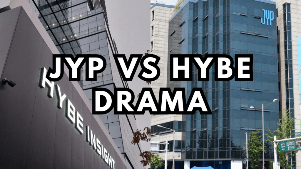 A picture of the HYBE Building and on the other side is a picture of JYP Entertainment Building