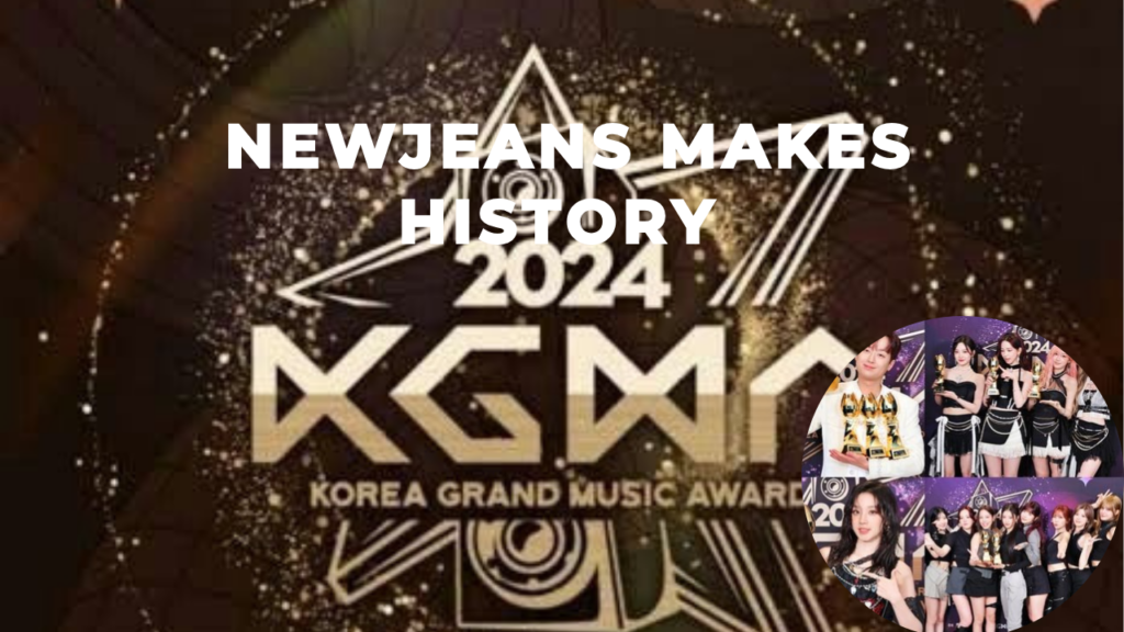 This contain a photo of the korea grand music awards poster and another picture of the winners in a circle