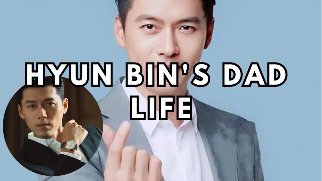 A picture of Hyun Bin on a ash colour suit and a white shirt and another picture of him in a circle wearing a black suit