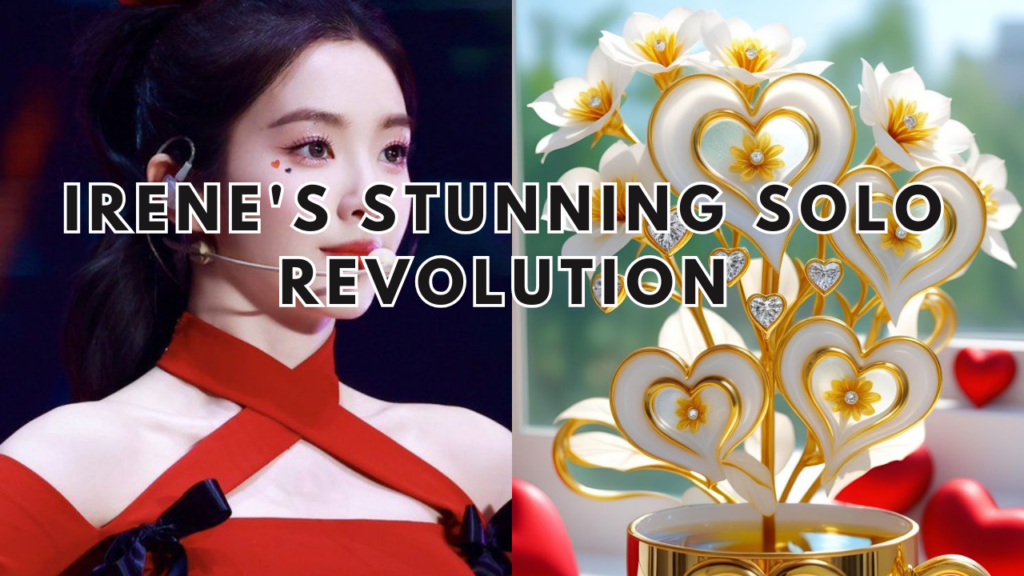 This contain an image of The Red Velvet member's Irene first mini-album, Like A Flower putting on a red dress and another picture of a flower .