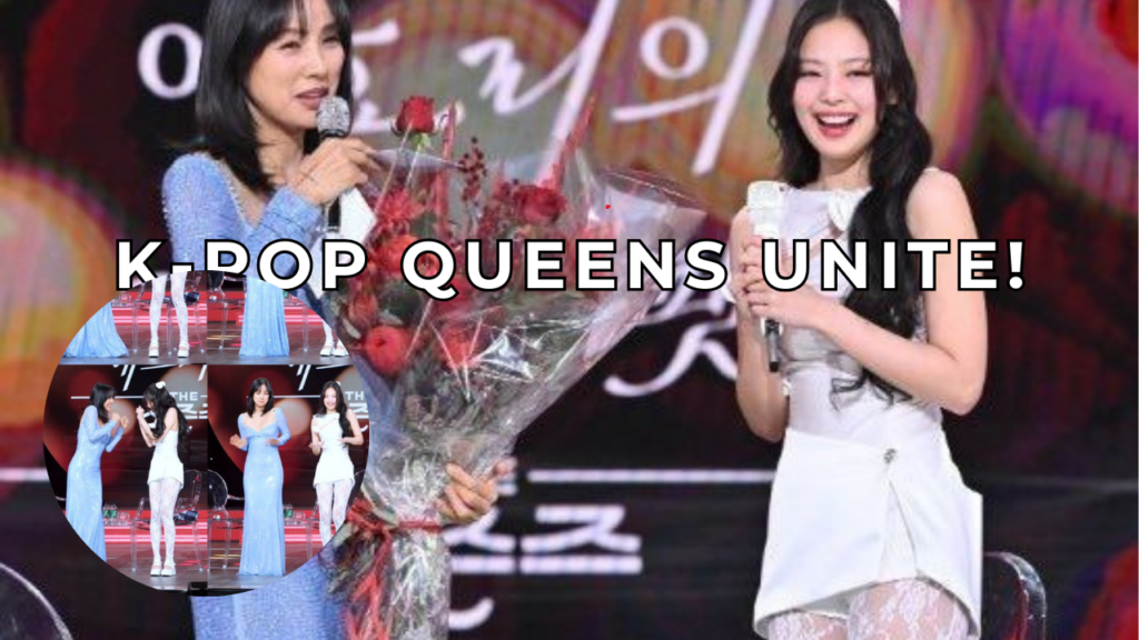 This contains an image of BLACKPINK's Jennie and Lee Hyori standing next to each other holding flowers and another picture of them in a circle