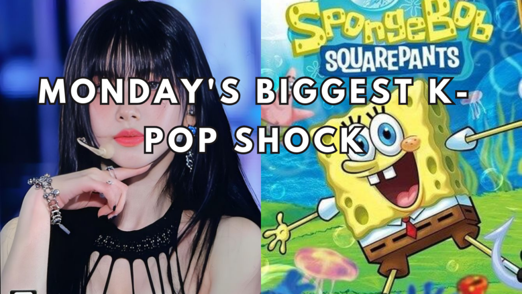 This contain an image of Aespa Karina and another picture of SpongeBob SquarePants .