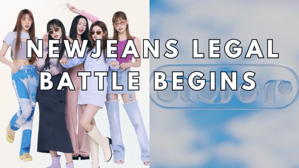 This contain an image of NewJeans girls and another picture of ADOR logo