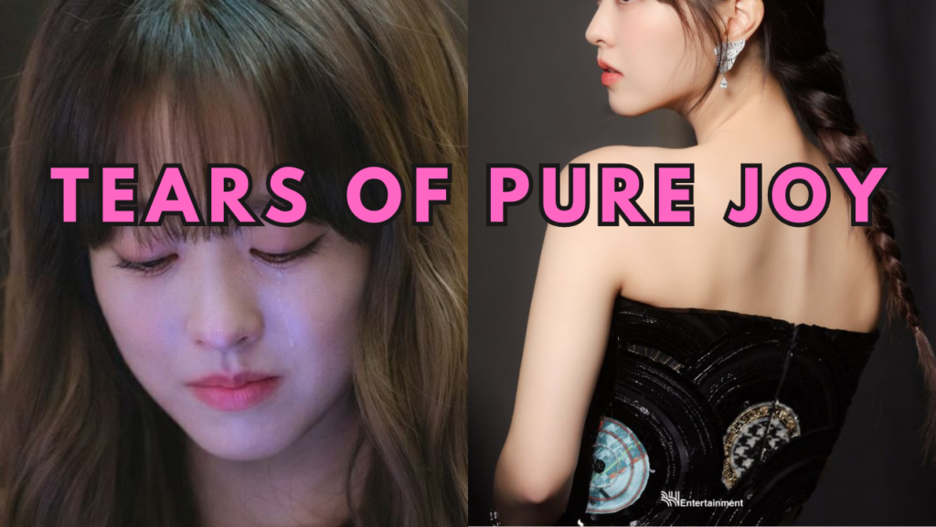 This contain and image of Park Bo Young crying pure tears of joy and another picture of her on a black design dress .