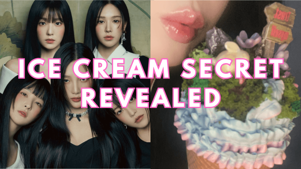 A picture of Red Velvet members on black outfit and at the other side is a photo shows a beautifully decorated ice cream cone with swirls of pastel colors and sparkling toppings