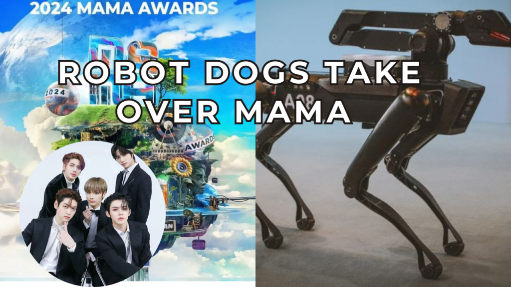 A photo of robot dog, mama awards and another photo of TXT group in a circle