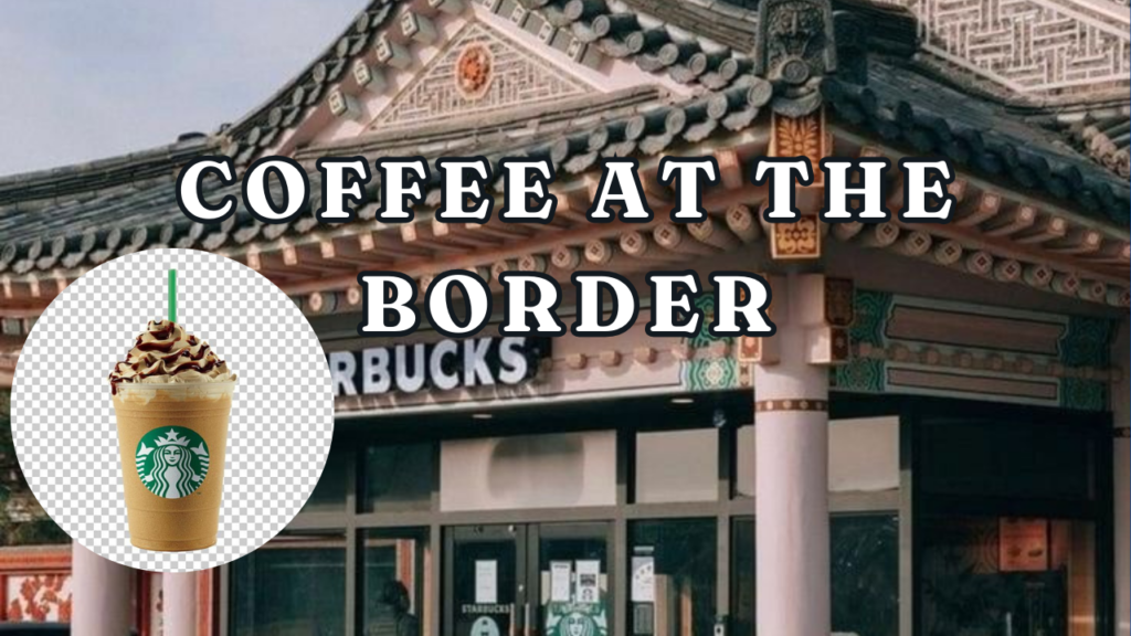 This contains an image of starbucks coffee shop at the corner of a street in front of a chinese building and another picture of a Coffee in a circle