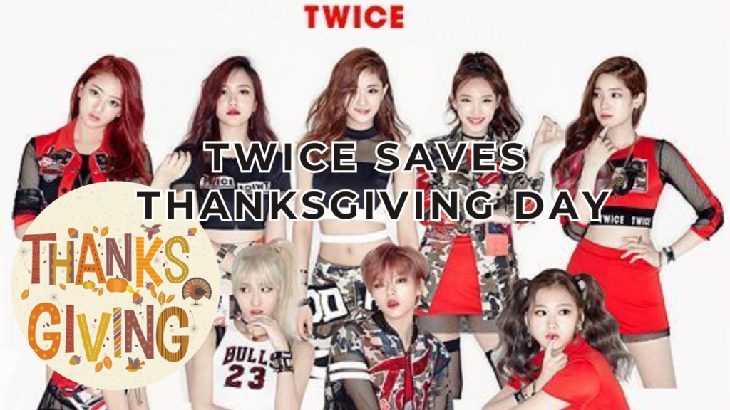 This contains an image of Twice group members and another picture of A thankgiving in a circle