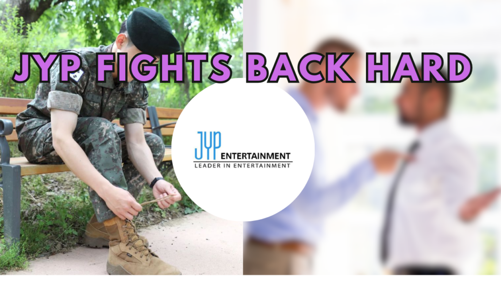 This contains an image of DAY6 Dowoon , JYP entertainment fighting back and another picture of the JYP entertainment company logo in a circle .