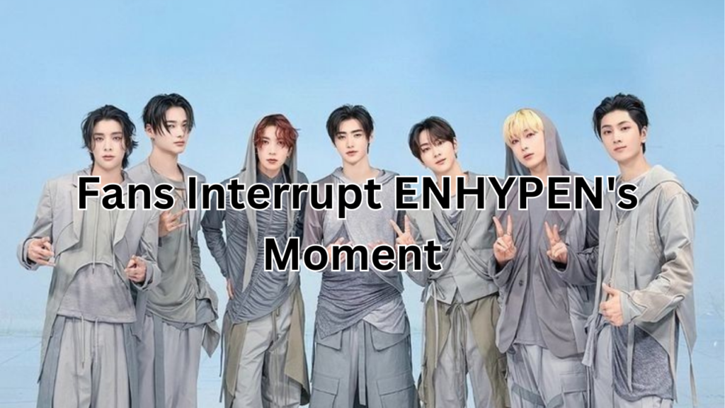 This contains an image of ENHYPEN's group of people standing in front of an enhypen sign with their hands up