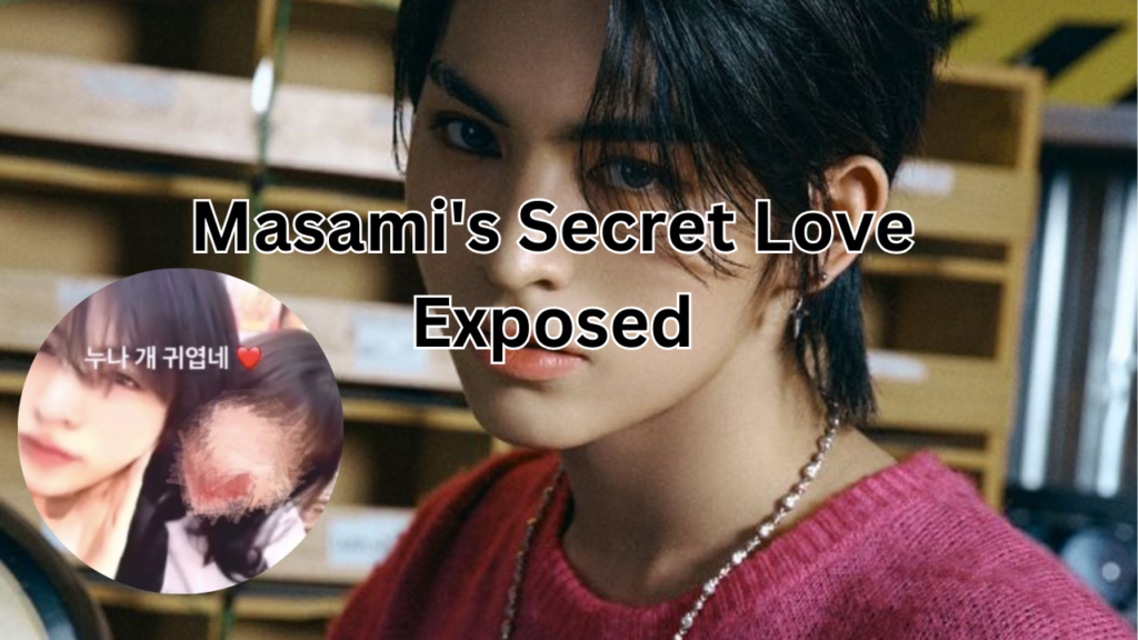 This contains an image of Masami with black hair wearing a pink sweater and necklace standing in front of wooden shelves and another picture of him and a woman