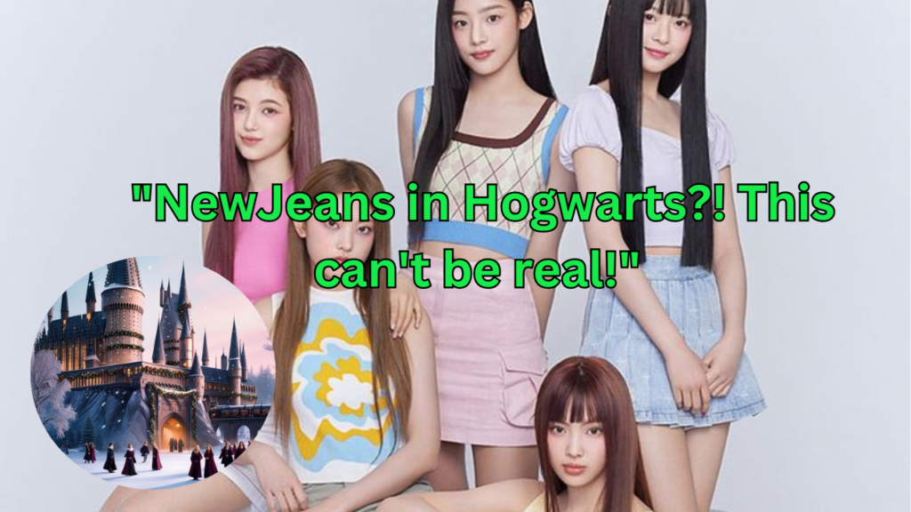 This contains an image of NewJeans group members and another picture of hogwarts in a circle