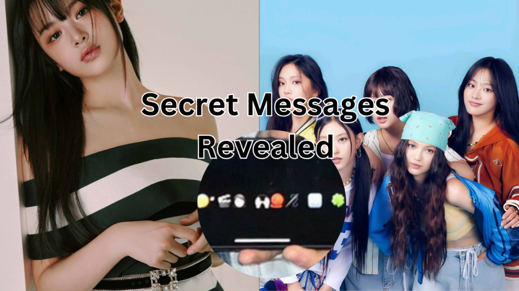 This contains an image of NewJeans' Hanni 'newjeans group members and another picture of a phone in a circle