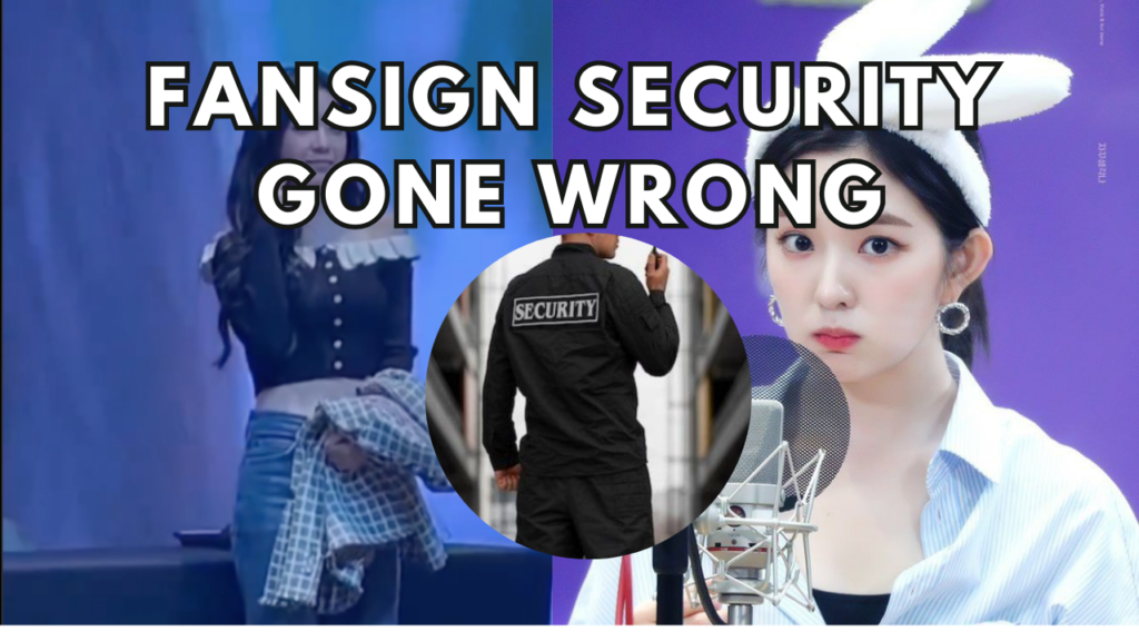 This contain an image of Red Velvet Irene at Ktown4u fansign and another picture of a security staff in a circle .