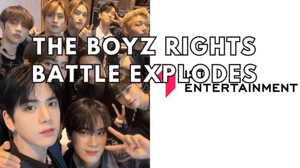 This containTHE BOYZ posing for a photo and a picture of 1st entertainment logo