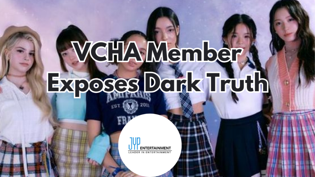 This contain an image of VCHA member and a logo of jyp entertainment in a circle