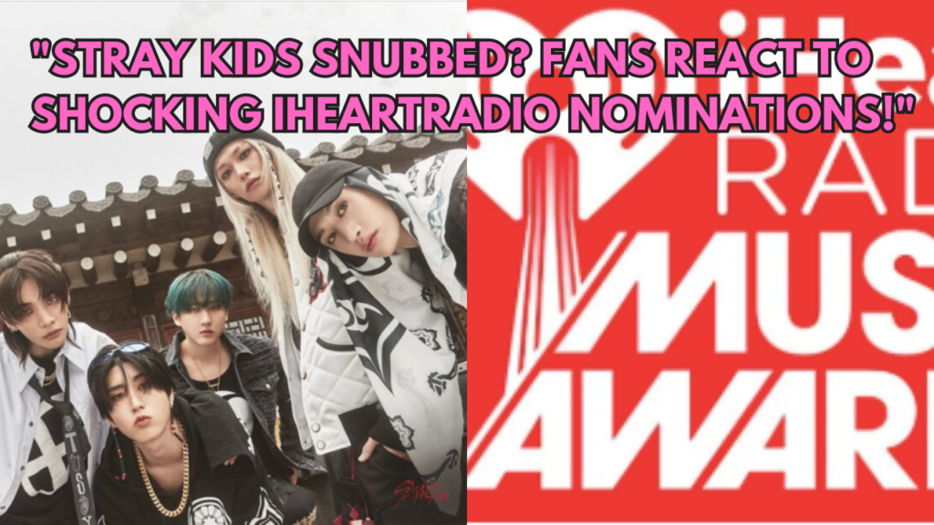 This contain an image of Stray Kids members and another picture of poster of The 2024 iHeartRadio Music Awards.