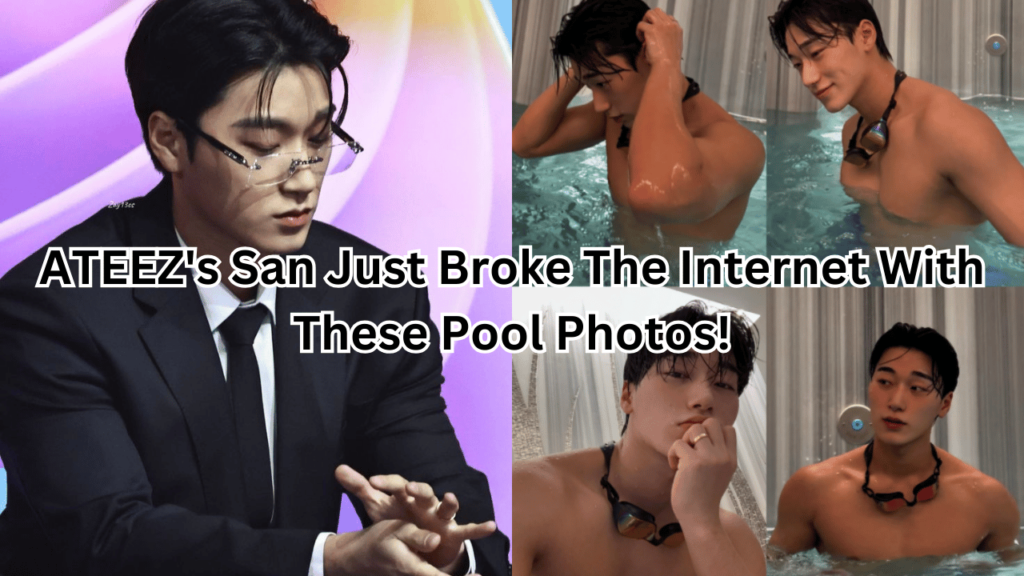 This contains an image of ATEEZ's San and another picture of him in a swimming pool