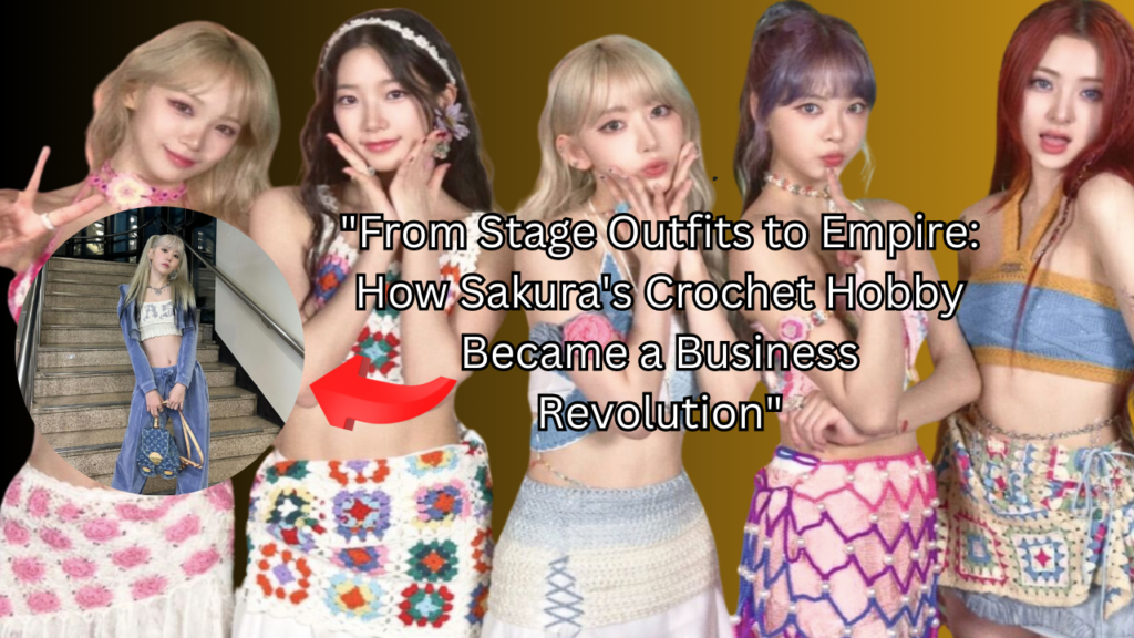 This contain an image of LE SSERAFIM's Sakura in a circle putting on her stage outfit and another picture of her and the members in Crochet Hobby Became a Business Revolution .